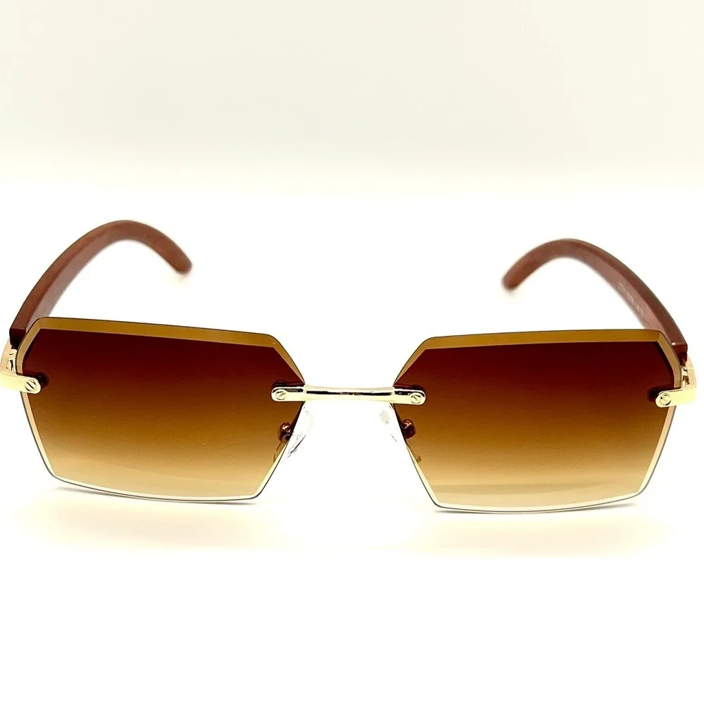 Rimless Sunglasses Brown Gradient Lens Gold Accents Wood Arms‎ Men Sophisticated